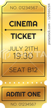 Golden cinema ticket for a movie showing on july 21th at 19,30, seat b12, admitting one person, with ticket number 01234567 120560284