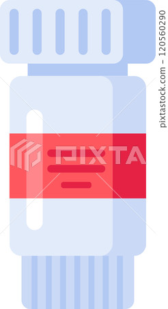 Medicine bottle with dosage instructions printed on a red label, symbolizing healthcare, medication, and pharmaceutical products 120560290