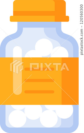 Glass medicine bottle containing white round pills with orange label, representing healthcare, pharmaceuticals, and medical treatment 120560300