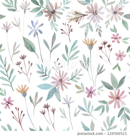 Cute delicate floral pattern with pink flowers and plants.Hand-drawn watercolor illustration. 120560521