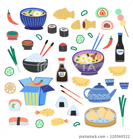 Asian food, traditional Japanese and Chinese meals. Noodles, ramen, sushi and sauces. Hand-drawn vector illustration. Asian food, traditional Japanese and Chinese meals. Noodles, ramen, sushi and sauces. Hand-drawn vector illustration. 120560522