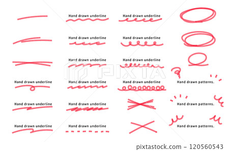 一組用螢光筆和記號筆繪製的底線裝飾。手繪套裝。 一組用螢光筆和記號筆繪製的底線裝飾。手繪套裝。 120560543