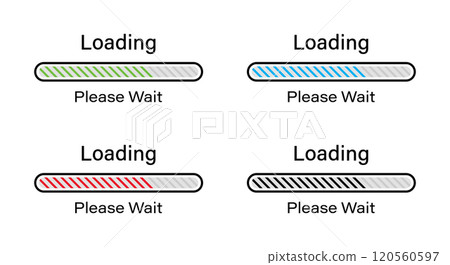 Rounded rectangular bar loading with tilted lines please wait symbol icon set in green, blue, red and black color. Loading 70 percent please wait progress bar infographics for light mode interface. 120560597