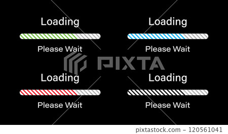 Rounded bar loading with tilted lines please wait symbol icon set in green, blue, red and black color. Loading 70 percent please wait progress bar infographics for dark mode interface. Rounded bar loading with tilted lines please wait symbol icon set in green, blue, red and black color. Loading 70 percent please wait progress bar infographics for dark mode interface. 120561041