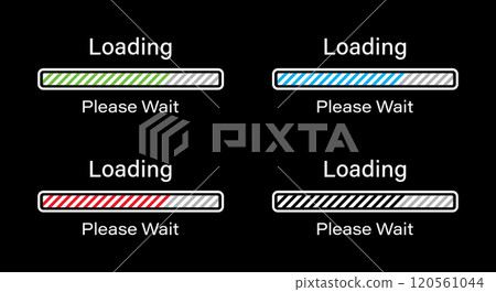 Rectangular Bar loading with tilted lines please wait symbol icon set in four different colors- Green, Blue, Red and Black. Loading 70 percent please wait progress bar infographics for dark mode. 120561044