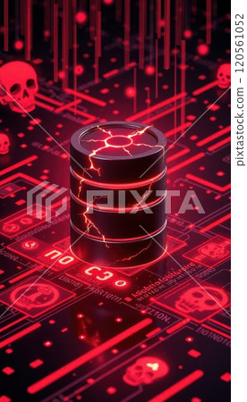 Visualize the risks of cyberattacks with this striking depiction of a database under threat, highlighting vulnerabilities and defenses. 120561052