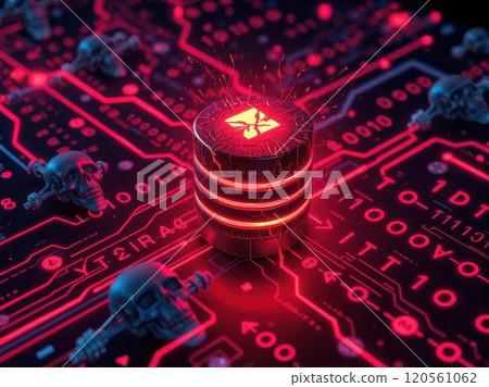 Visualize the risks of cyberattacks with this striking depiction of a database under threat, highlighting vulnerabilities and defenses. Visualize the risks of cyberattacks with this striking depiction of a database under threat, highlighting vulnerabilities and defenses. 120561062