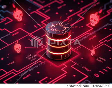 Visualize the risks of cyberattacks with this striking depiction of a database under threat, highlighting vulnerabilities and defenses. 120561064