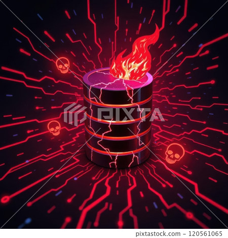 Visualize the risks of cyberattacks with this striking depiction of a database under threat, highlighting vulnerabilities and defenses. 120561065