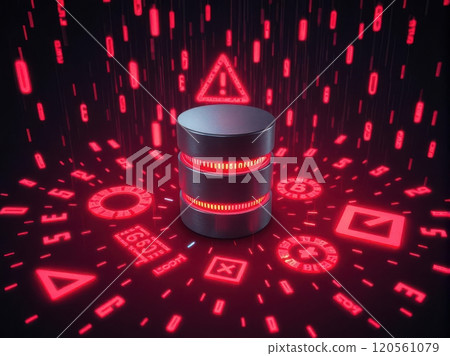 Visualize the risks of cyberattacks with this striking depiction of a database under threat, highlighting vulnerabilities and defenses. 120561079
