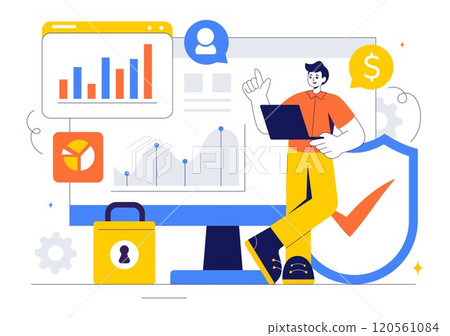 Cyber Threat Analysis Vector Illustration featuring Vulnerability Management and Information Control for Protection and Safety Technology 120561084