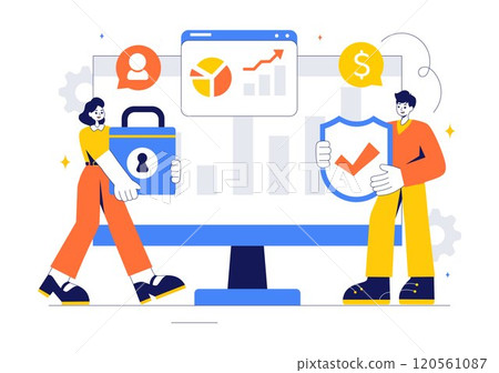 Cyber Threat Analysis Vector Illustration featuring Vulnerability Management and Information Control for Protection and Safety Technology 120561087