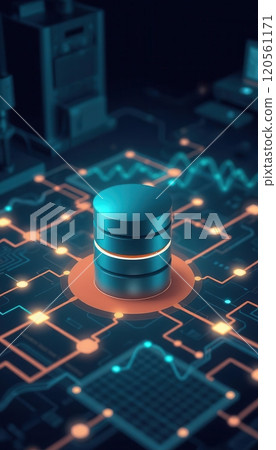 Illustrated database monitoring background with a stylized database icon, glowing data grids, and dynamic flow lines, perfect for slides. 120561171