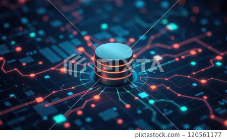 Illustrated database monitoring background with a stylized database icon, glowing data grids, and dynamic flow lines, perfect for slides. 120561177