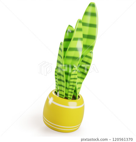 3d snake plant, sansevieria trifasciata in yellow flower pot for house interior decoration, office, home garden isolated render icon. Houseplant green tall stripe leaf bush in planter. 3D illustration 120561370