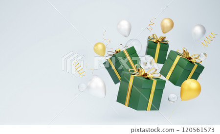 Green christmas gift boxes floating with gold and silver balloons and streamers Green christmas gift boxes floating with gold and silver balloons and streamers 120561573