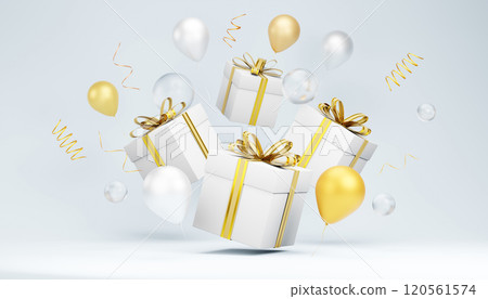 White gift boxes with gold ribbons floating among balloons and confetti on light blue background White gift boxes with gold ribbons floating among balloons and confetti on light blue background 120561574