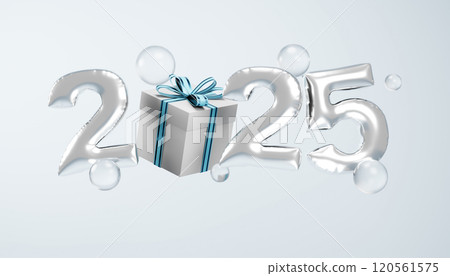 Silver balloons form the number 2025 with christmas gift and bubbles floating on light blue background Silver balloons form the number 2025 with christmas gift and bubbles floating on light blue background 120561575