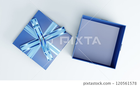 Open blue christmas gift box with light blue ribbon on white background 120561578