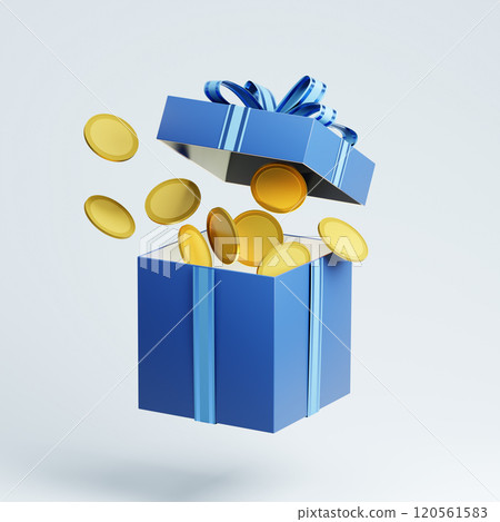 Blue christmas gift box pouring golden coins, 3d rendering Blue christmas gift box pouring golden coins, 3d rendering 120561583