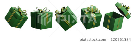 Green christmas gift boxes with gold ribbon rotating on white background Green christmas gift boxes with gold ribbon rotating on white background 120561584