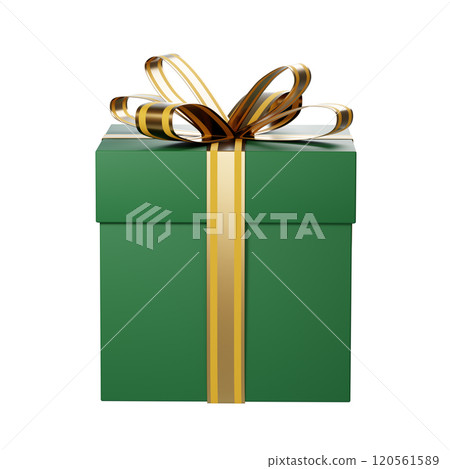 Green christmas gift box with golden ribbon and bow on white background Green christmas gift box with golden ribbon and bow on white background 120561589