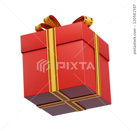 Red christmas gift box wrapped with golden ribbon, 3d rendering 120561597