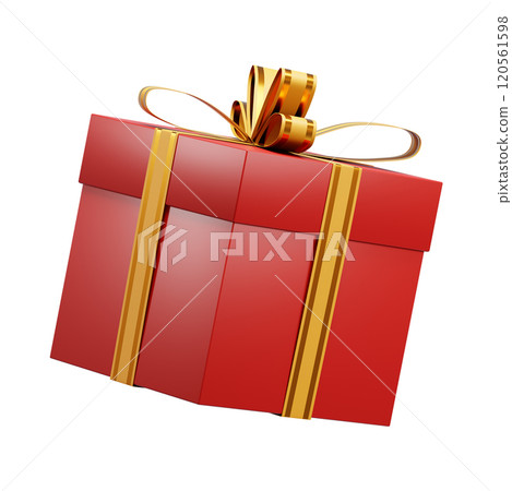 Red christmas gift box with golden ribbon rotating on white background 120561598