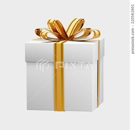 White gift box with golden ribbon celebrating christmas holiday season White gift box with golden ribbon celebrating christmas holiday season 120561601