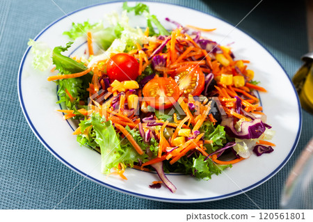 Salad with lettuce, tomato, corn and olives Salad with lettuce, tomato, corn and olives 120561801