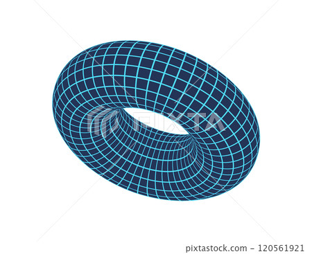 Geometric 3d mesh donut, futuristic abstract mesh pattern form graphic, cyberpunk geometry net shape illustration, brutal art neon wire frame structure object. 120561921