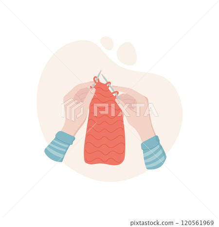 Hands knit icon, doodle fashion supplies object, cartoon knitting decoration design, flat crochet accessories illustration, vector dressmaking tool element, 120561969