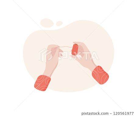 Hands hold bobbin, cartoon tailor supplies element, flat fashion decoration object, doodle dressmaking tool design, vector embroidery accessories illustration, 120561977