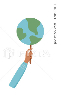 Hand holds earth sign, character hold ecology support planet symbol, right activist holds environmental strike poster, person holding revolution placard, people show up protest board, 120562011