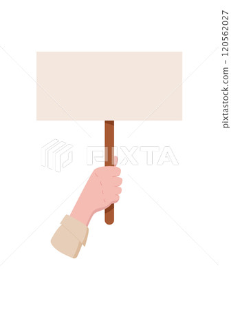 Man hand holds sign, man holding protest flag, hand hold empowerment banner, character show up demonstration poster, right activist parade revolution placard, people raise strike board, 120562027