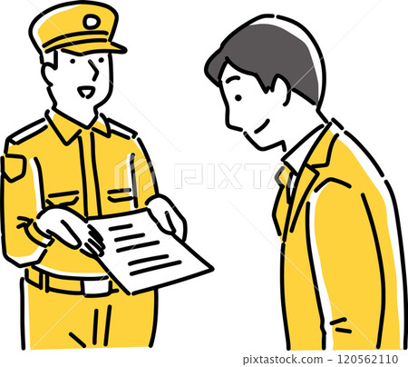 A security guard asking someone to fill out a form 120562110