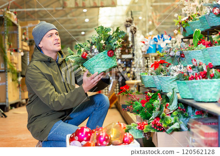 Man buying christmas decorations in shop Man buying christmas decorations in shop 120562128