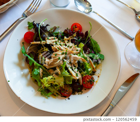 Salad with pieces of chicken, tomatoes and lettuce Salad with pieces of chicken, tomatoes and lettuce 120562459