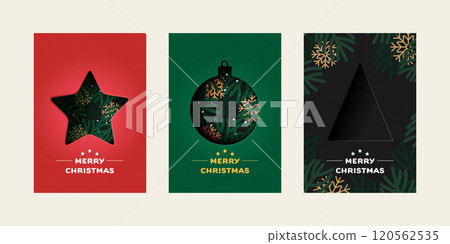 Set of Merry Christmas greeting card. Trendy minimalist design with Star, Christmas Ball and Christmas Tree. Paper art Vector Illustration. Template for poster, banner, holiday cover. 120562535