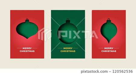 Set of Merry Christmas greeting card. Trendy minimalist geometric shape design with Christmas Ball. Paper art Vector Illustration. Template for poster, banner, holiday cover. 120562536