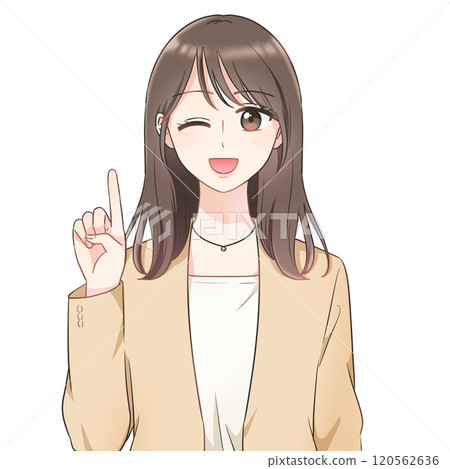 辦公室休閒風格的女人指著眨眼 辦公室休閒風格的女人指著眨眼 120562636