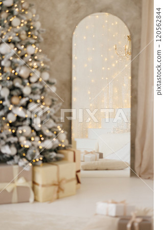 Gifts under a decorated Christmas tree in the living room. Gifts under a decorated Christmas tree in the living room. 120562844