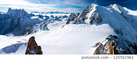 Spectacular view from Aiguille du Midi observation deck, Mont Blanc and the Grandes Jorasses, Chamonix, France 120562962
