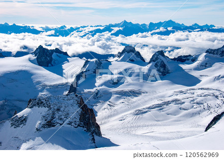 Spectacular view from Aiguille du Midi observation deck, Helbronne on the Italian side, Chamonix, France 120562969
