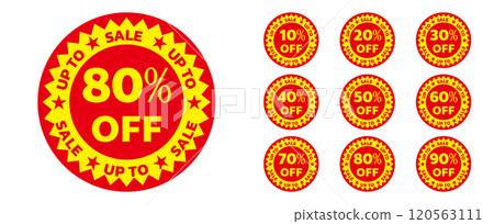 Sale tags set vector badges template, up to 10, 20, 30, 40, 50, 60, 70, 80, 90 percent off, vector illustration isolated on white background. Price off tag icon flat design collection set. Up to 120563111