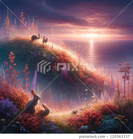 小動物在神奇的海邊玩耍的舒緩景觀 小動物在神奇的海邊玩耍的舒緩景觀 120563137