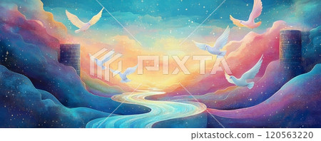 一隻鴿子飛過閃閃發光的石橋的異想天開的插圖 120563220