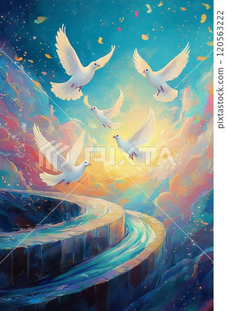 一隻鴿子飛過閃閃發光的石橋的異想天開的插圖 120563222