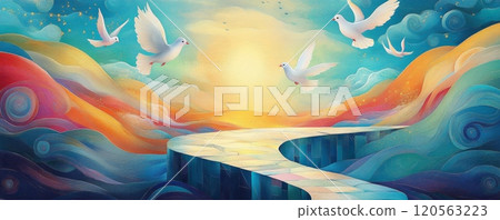 一隻鴿子飛過閃閃發光的石橋的異想天開的插圖 120563223