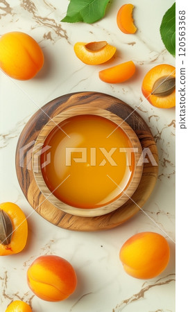 Fresh organic apricot extract water fruit natural ingredient story background 120563368